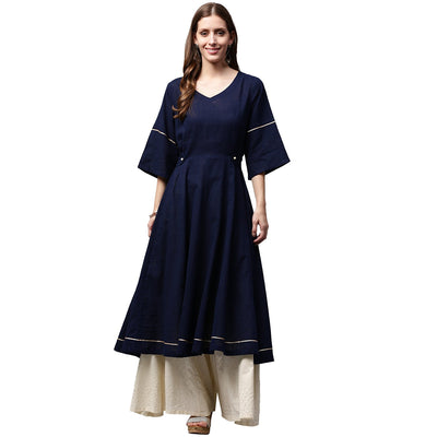 Navy blue 3/4th sleeve cotton slub anarkali kurta