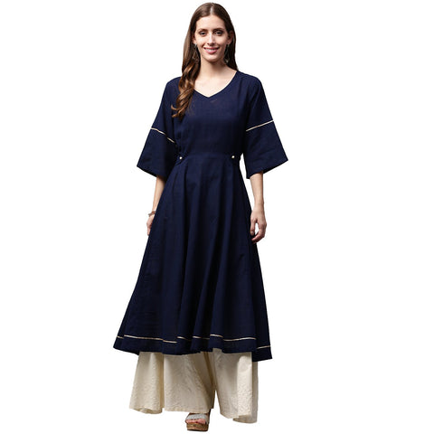 Navy blue 3/4th sleeve cotton slub anarkali kurta