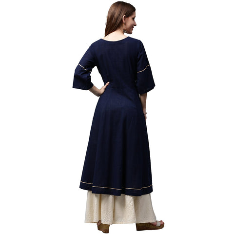 Navy blue 3/4th sleeve cotton slub anarkali kurta