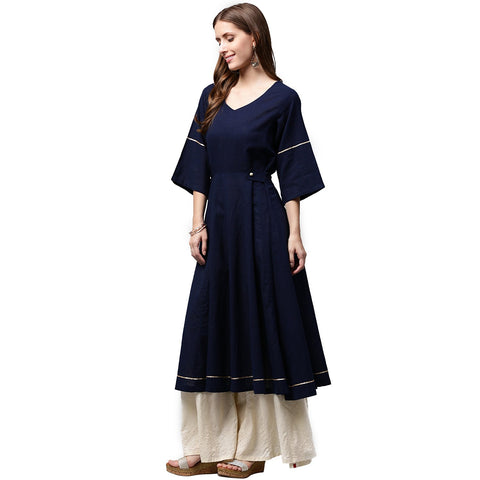 Navy blue 3/4th sleeve cotton slub anarkali kurta