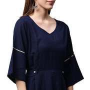 Navy blue 3/4th sleeve cotton slub anarkali kurta