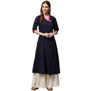 Navy blue printed 3/4th Sleeve Cotton Anghrakha style Anarkali Kurta