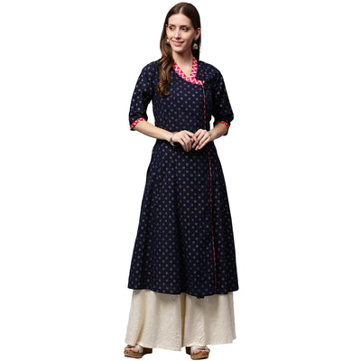 Navy blue printed 3/4th Sleeve Cotton Anghrakha style Anarkali Kurta