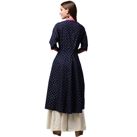 Navy blue printed 3/4th Sleeve Cotton Anghrakha style Anarkali Kurta