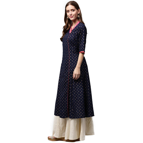 Navy blue printed 3/4th Sleeve Cotton Anghrakha style Anarkali Kurta