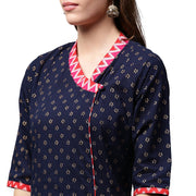 Navy blue printed 3/4th Sleeve Cotton Anghrakha style Anarkali Kurta
