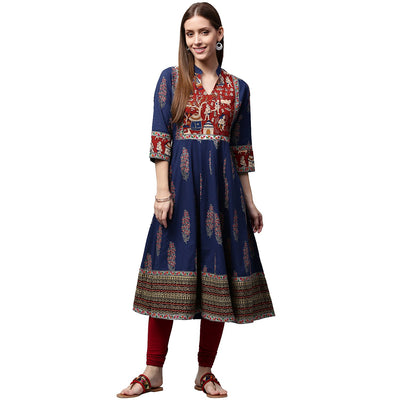 Blue printed 3/4th Sleeve Cotton Anarkali kurta