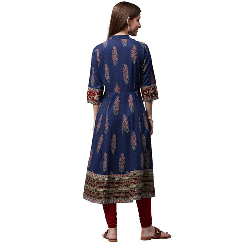 Blue printed 3/4th Sleeve Cotton Anarkali kurta