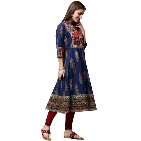 Blue printed 3/4th Sleeve Cotton Anarkali kurta