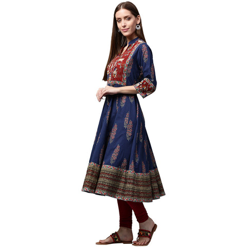 Blue printed 3/4th Sleeve Cotton Anarkali kurta