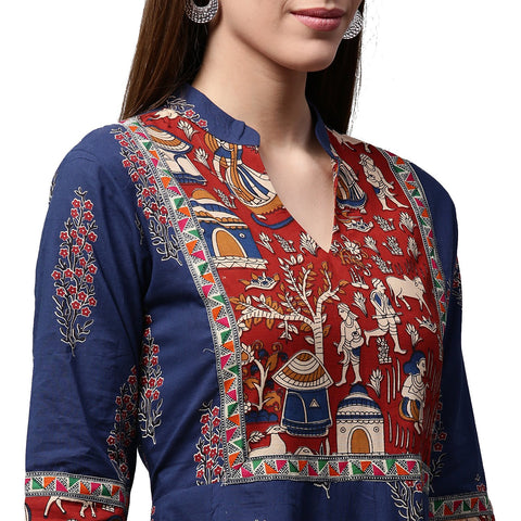 Blue printed 3/4th Sleeve Cotton Anarkali kurta