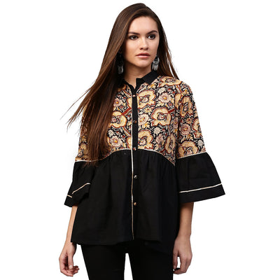 Black printed 3/4th Sleeve Cotton Flared tunic