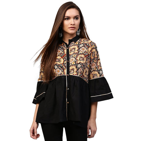 Black printed 3/4th Sleeve Cotton Flared tunic