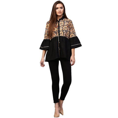 Black printed 3/4th Sleeve Cotton Flared tunic