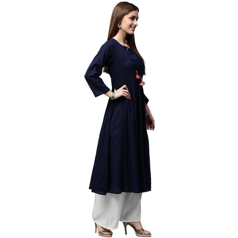 Navy blue 3/4th sleeve cotton slub anarkali kurta