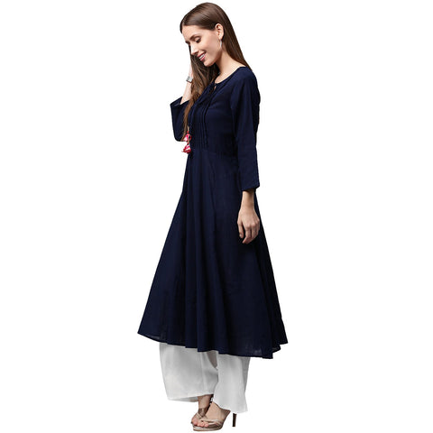 Navy blue 3/4th sleeve cotton slub anarkali kurta