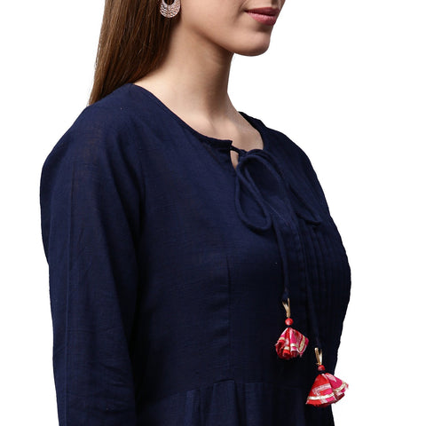 Navy blue 3/4th sleeve cotton slub anarkali kurta