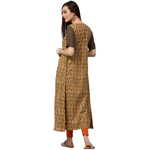 Dark green half sleeve cotton Kurta with Yellow printed floor length Jacket