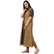 Dark green half sleeve cotton Kurta with Yellow printed floor length Jacket