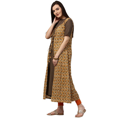 Dark green half sleeve cotton Kurta with Yellow printed floor length Jacket