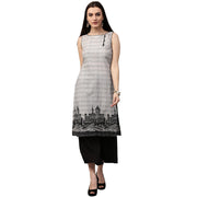 Beige printed sleeveless cotton straight kurta