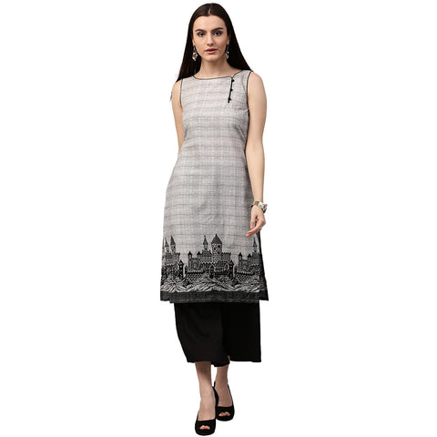 Beige printed sleeveless cotton straight kurta