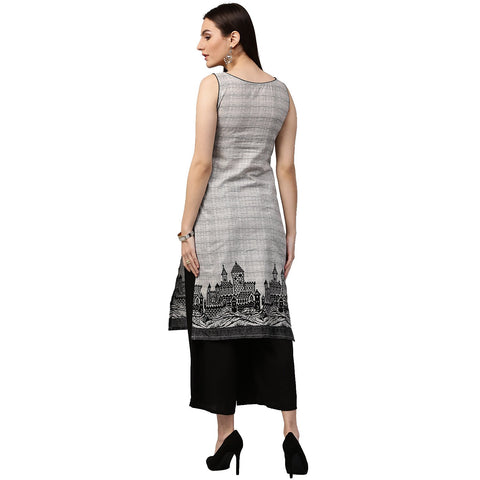 Beige printed sleeveless cotton straight kurta