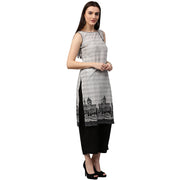 Beige printed sleeveless cotton straight kurta