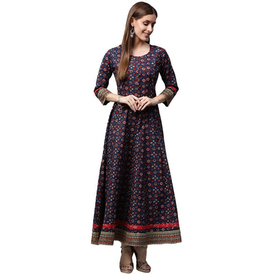 Blue printed 3/4th Sleeve Cotton Anarkali kurta