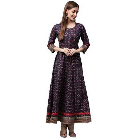 Blue printed 3/4th Sleeve Cotton Anarkali kurta
