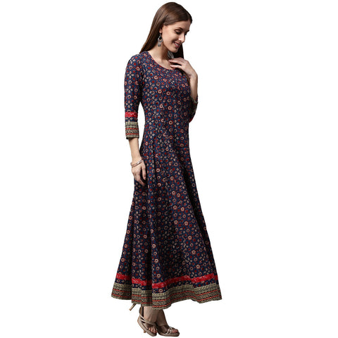 Blue printed 3/4th Sleeve Cotton Anarkali kurta