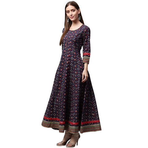 Blue printed 3/4th Sleeve Cotton Anarkali kurta