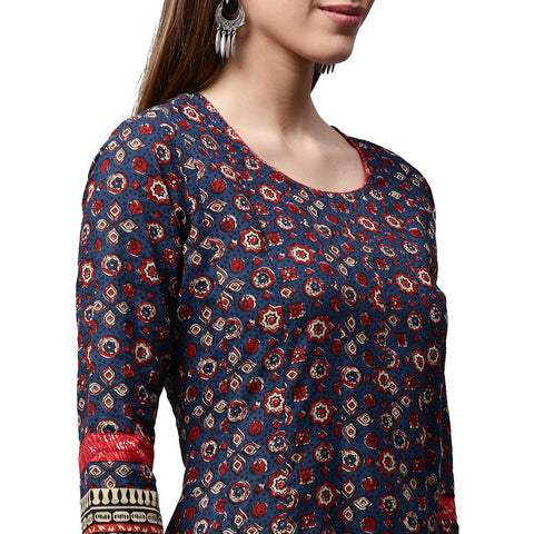 Blue printed 3/4th Sleeve Cotton Anarkali kurta