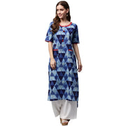 Blue printed half sleeve Cotton Straight kurta with pocket