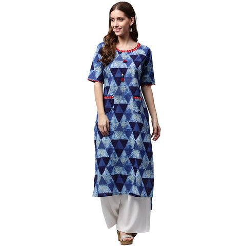 Blue printed half sleeve Cotton Straight kurta with pocket