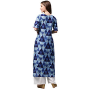 Blue printed half sleeve Cotton Straight kurta with pocket