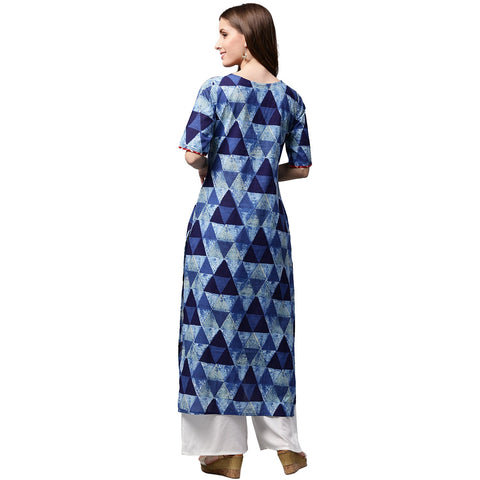 Blue printed half sleeve Cotton Straight kurta with pocket
