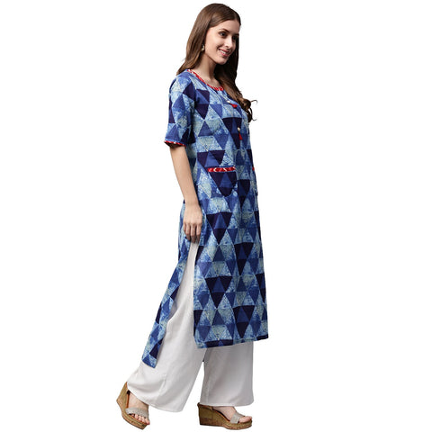 Blue printed half sleeve Cotton Straight kurta with pocket