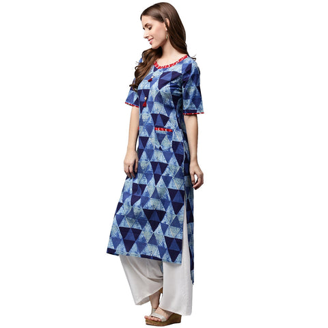 Blue printed half sleeve Cotton Straight kurta with pocket