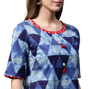Blue printed half sleeve Cotton Straight kurta with pocket
