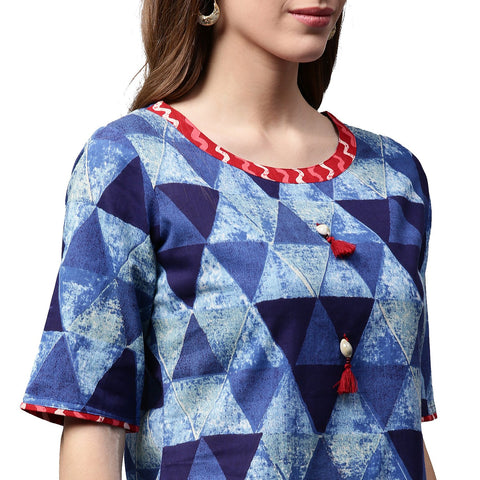Blue printed half sleeve Cotton Straight kurta with pocket