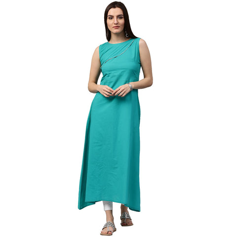 Blue sleeveless cotton A-line kurta