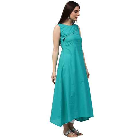 Blue sleeveless cotton A-line kurta
