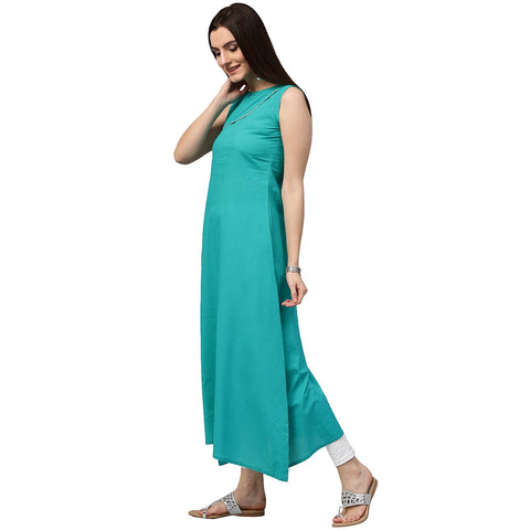 Blue sleeveless cotton A-line kurta