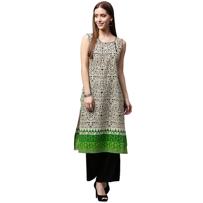 White printed Sleeveless cotton Kurta