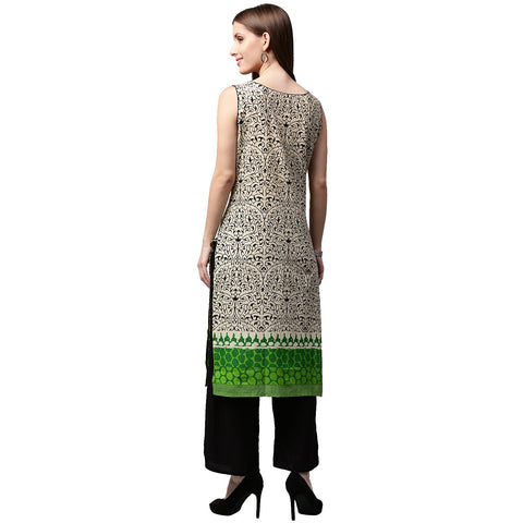 White printed Sleeveless cotton Kurta