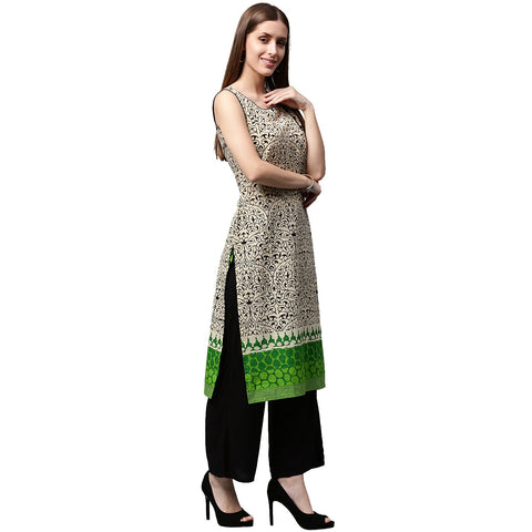 White printed Sleeveless cotton Kurta
