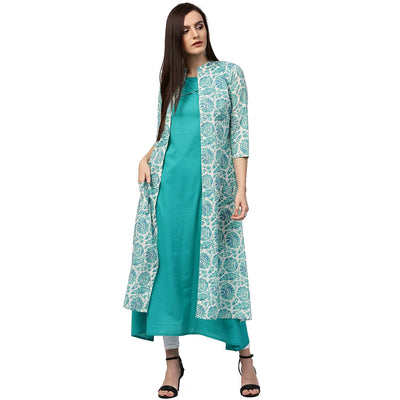 Blue printed sleeveless cotton double layer kurta