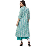 Blue printed sleeveless cotton double layer kurta