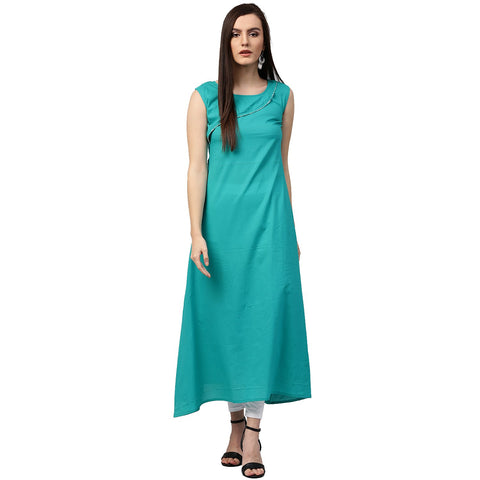 Blue printed sleeveless cotton double layer kurta